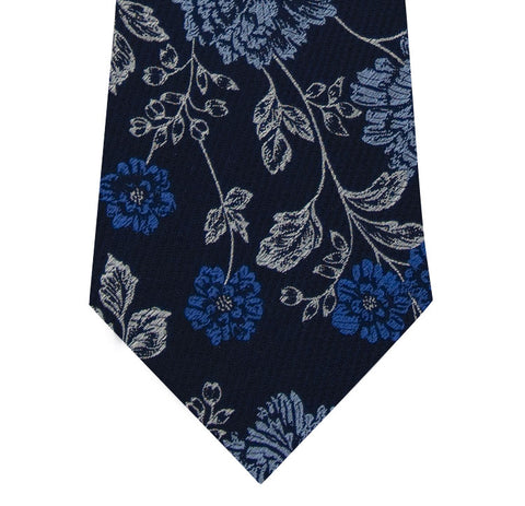 Navy and Floral Design Silk Tie Long