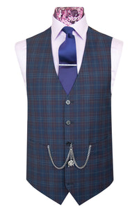 The Carroll Oxford Blue with Plum and White Grid Check Suit Waistcoat