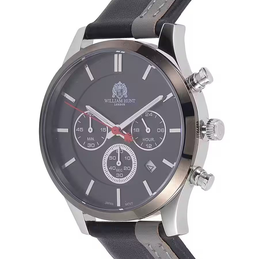 Black and Grey Leather Strap Stainless Steel Watch
