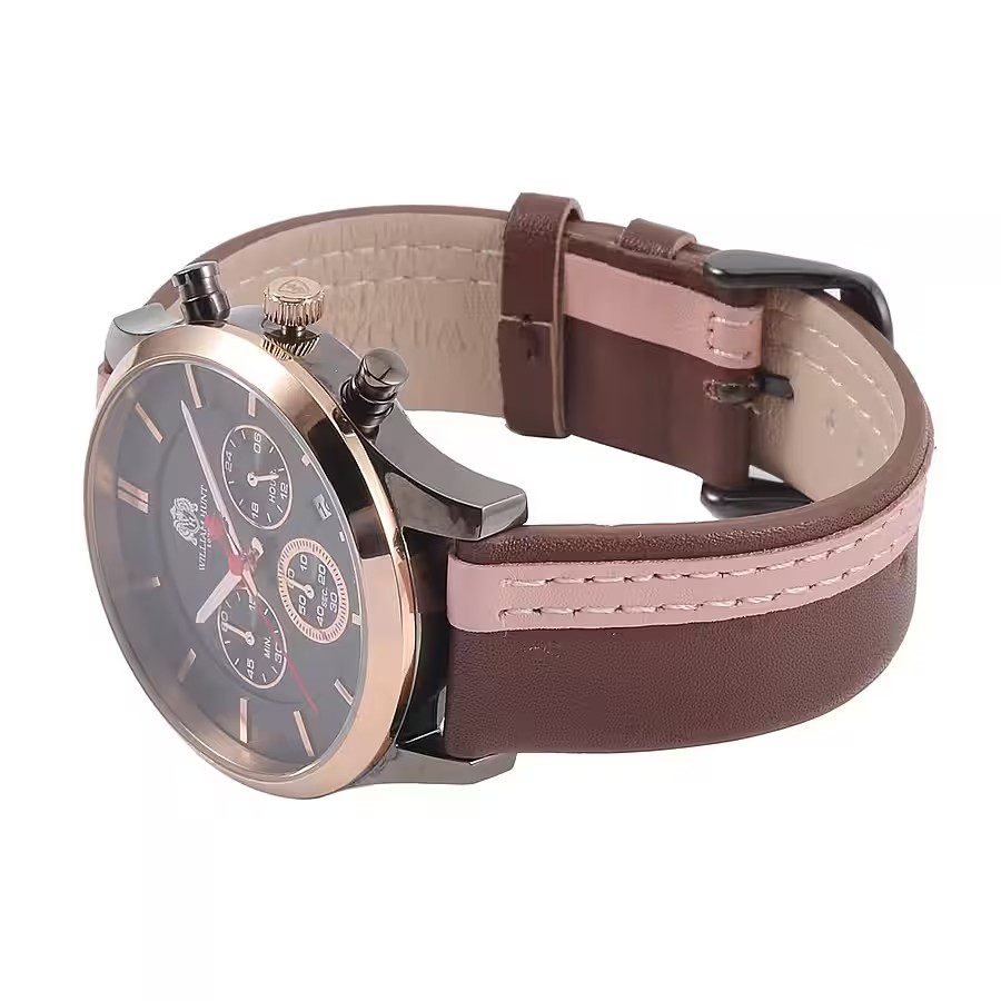 Brown and Pink Leather Strap Stainless Steel Watch