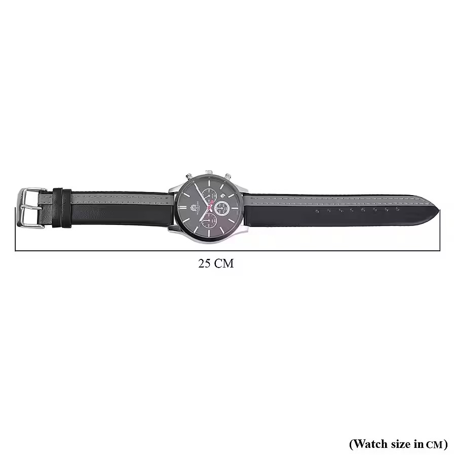 Black and Grey Leather Strap Stainless Steel Watch