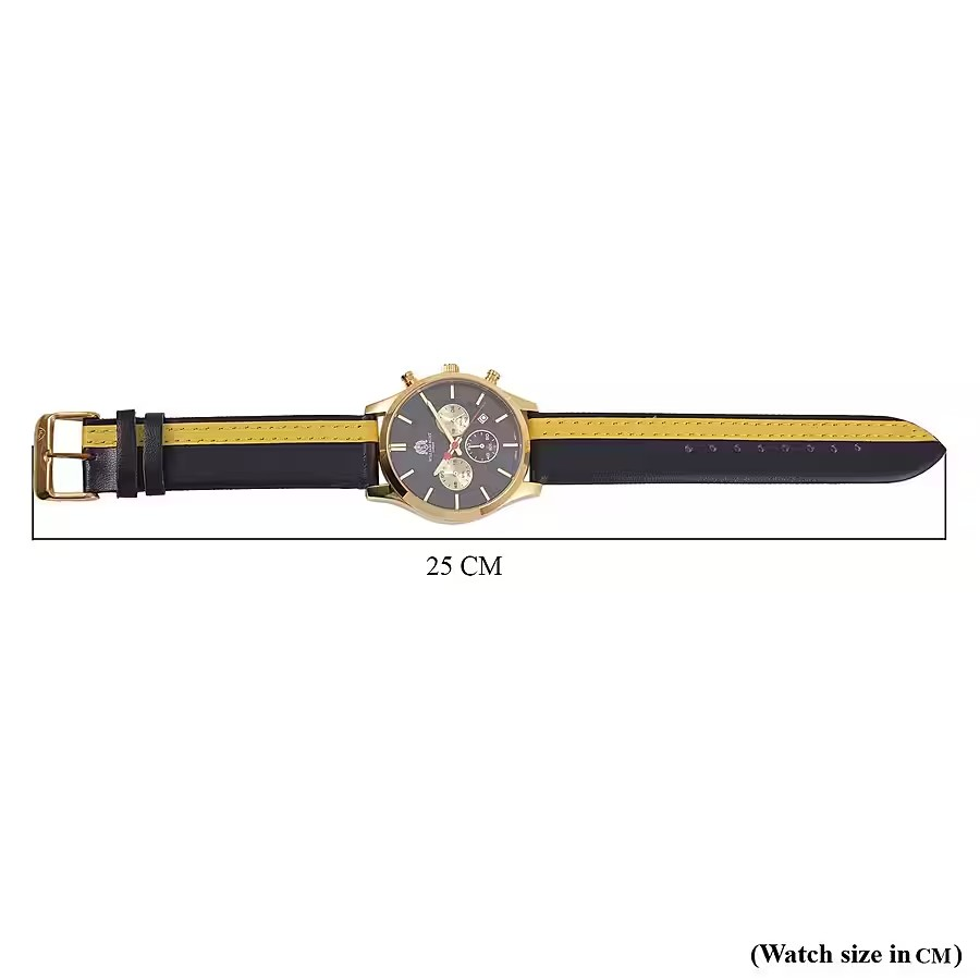 Black and Gold Leather Strap Stainless Steel Watch
