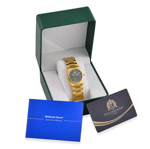 William Hunt Ronda 505 Swiss Movement Green Dial with Date 5ATM Water Resistant Watch With Stainless Steel Strap in Yellow Gold Tone