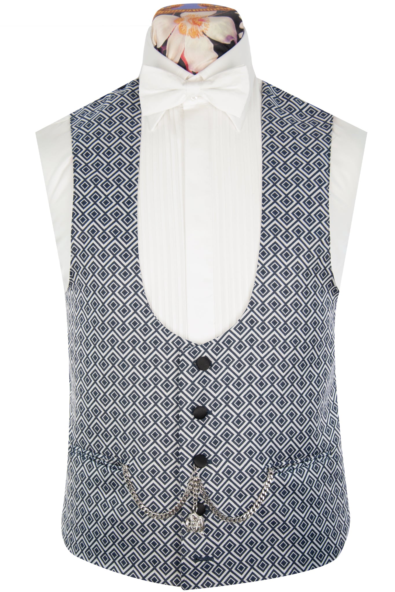 The Peregrine White And Navy Pattern Shawl Dinner Suit