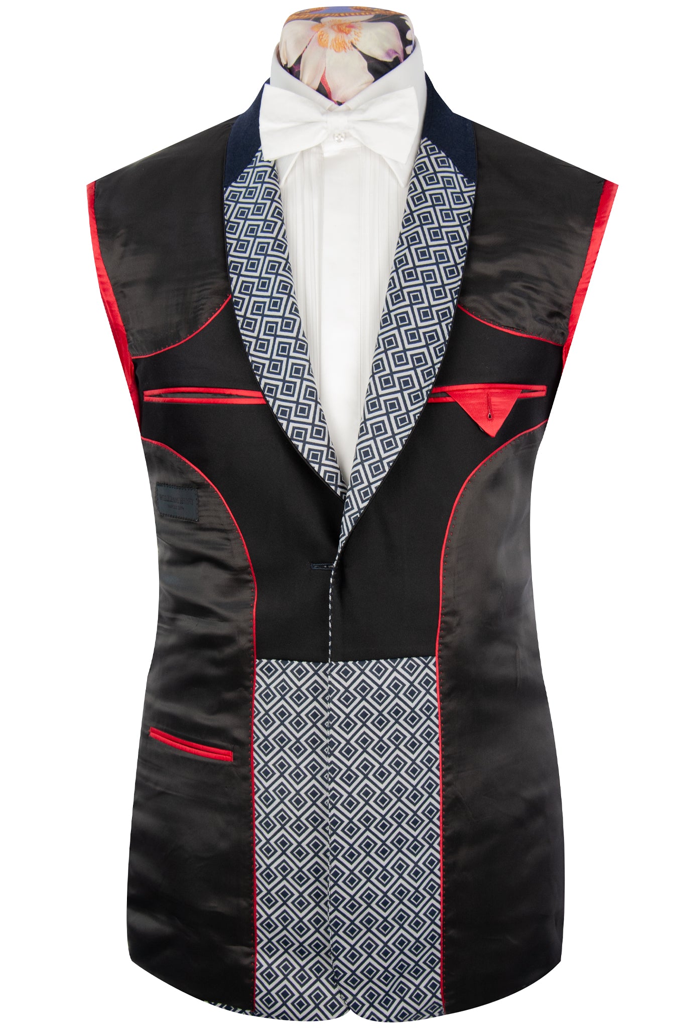 The Peregrine White And Navy Pattern Shawl Dinner Suit