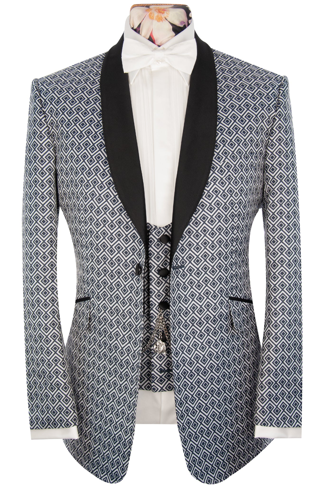 The Peregrine White And Navy Pattern Shawl Dinner Suit