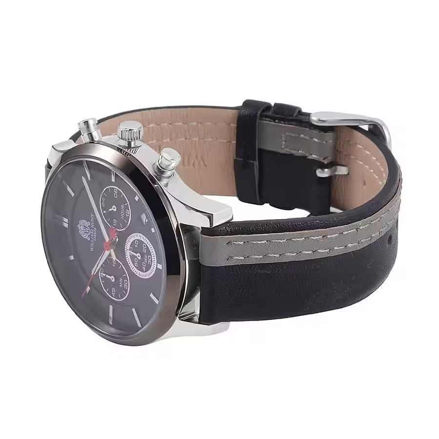 Black and Grey Leather Strap Stainless Steel Watch