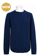 Navy Lambswool Cable Knit Crew Neck Sweater