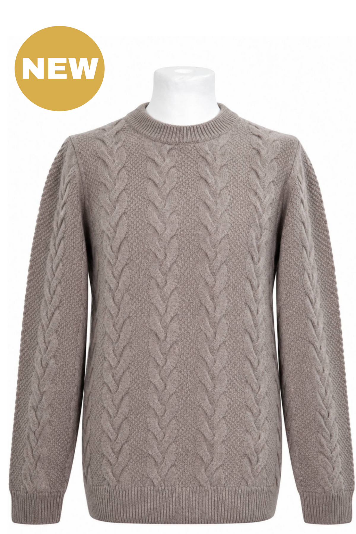Tan Lambswool Cable Knit Crew Neck Sweater