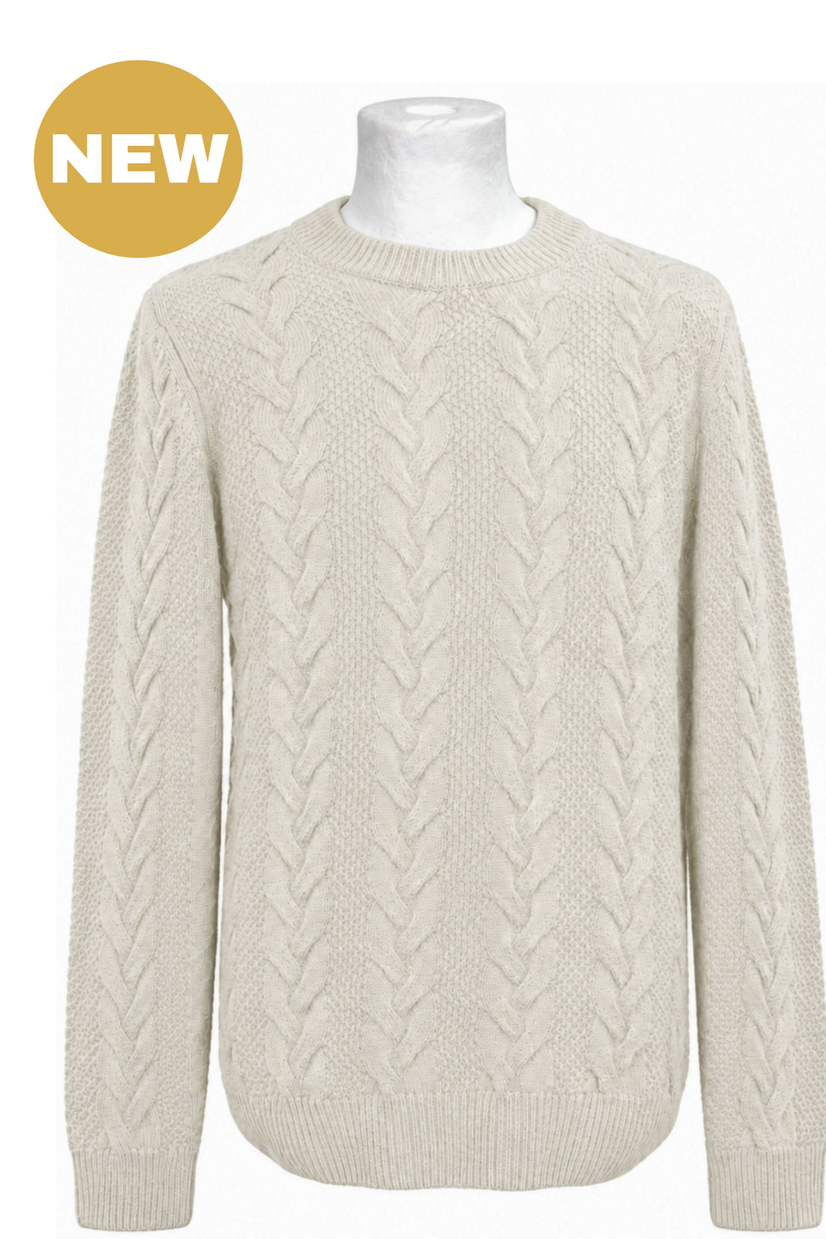 Off White Lambswool Cable Knit Crew Neck Sweater