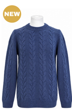 Pine Blue Lambswool Cable Knit Crew Neck Sweater