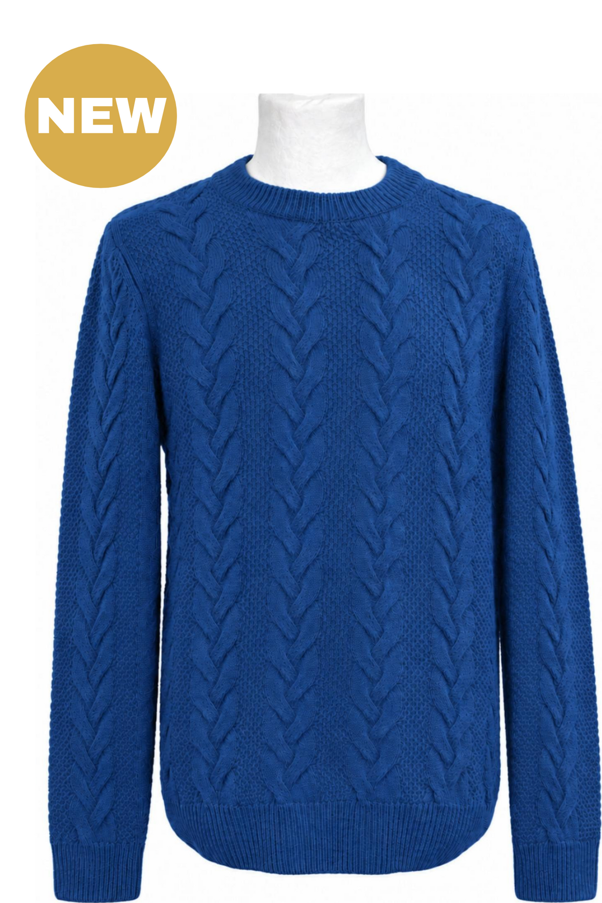 Venetian Blue Lambswool Cable Knit Crew Neck Sweater