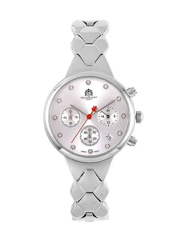 WILLIAM HUNT Japan Movt. White Dial 5 ATM Water Resistant Moissanite Watch with Stainless Steel Chain Strap