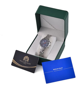 WILLIAM HUNT Japan Movt. Blue Dial 5 ATM Water Resistant Moissanite Watch with Stainless Steel Chain Strap
