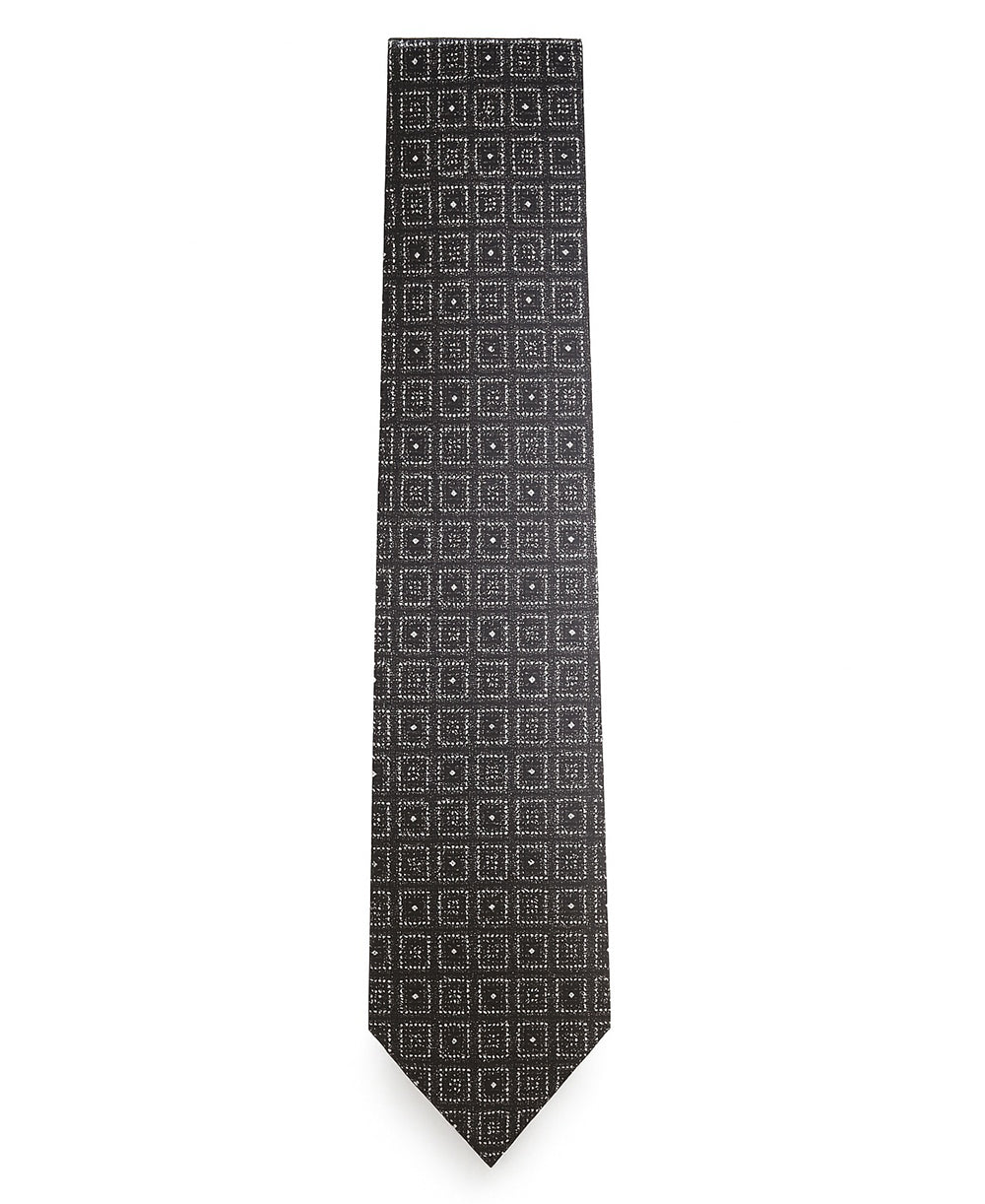 Grey and Black Square Pattern Silk Tie