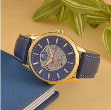 WILLIAM HUNT Automatic Movement 5 ATM Water Resistant Watch With Skeleton Display & Blue Leather Strap