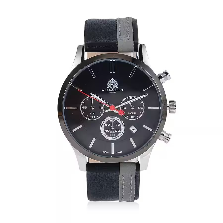 Black and Grey Leather Strap Stainless Steel Watch