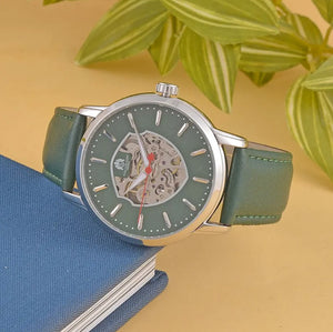 WILLIAM HUNT Automatic Movement 5 ATM Water Resistant Watch With Skeleton Display & Green Leather Strap