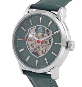 WILLIAM HUNT Automatic Movement 5 ATM Water Resistant Watch With Skeleton Display & Green Leather Strap