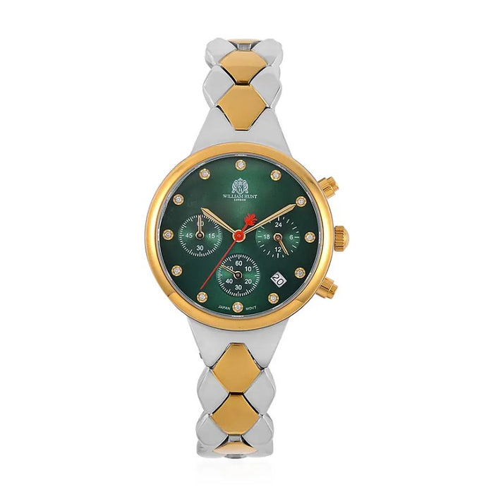 WILLIAM HUNT Japan Movt. Green Dial 5 ATM Water Resistant Moissanite Watch with Stainless Steel Chain Strap