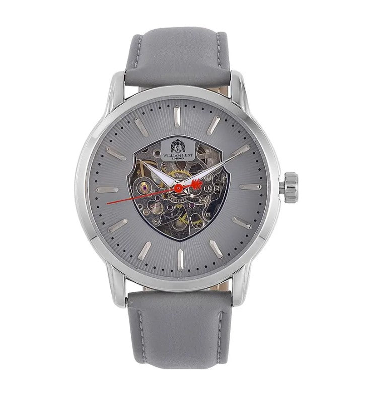WILLIAM HUNT Automatic Movement 5 ATM Water Resistant Watch With Skeleton Display & Grey Leather Strap
