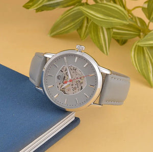 WILLIAM HUNT Automatic Movement 5 ATM Water Resistant Watch With Skeleton Display & Grey Leather Strap
