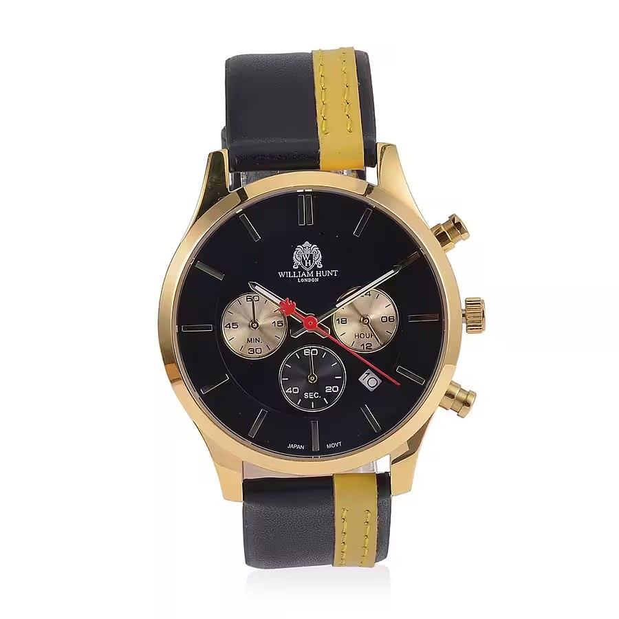 Black and Gold Leather Strap Stainless Steel Watch