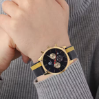 Black and Gold Leather Strap Stainless Steel Watch