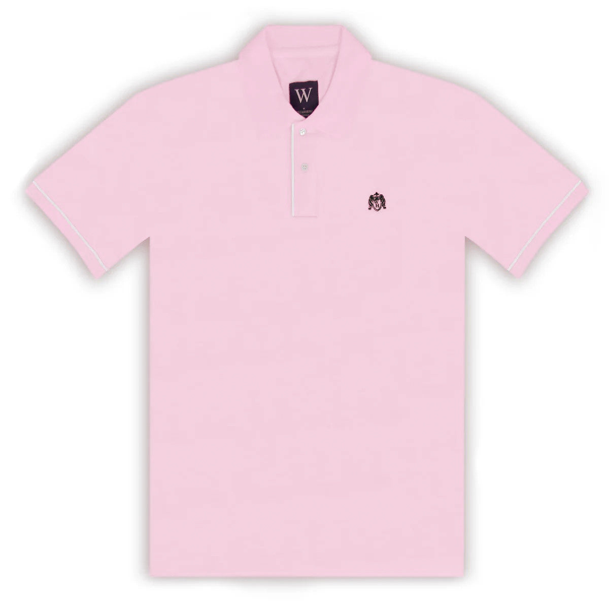 A pink polo shirt with white piping on the cuffs and a woven William Hunt crest on the left chest.
