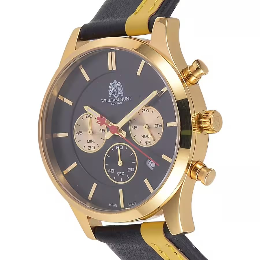 Black and Gold Leather Strap Stainless Steel Watch