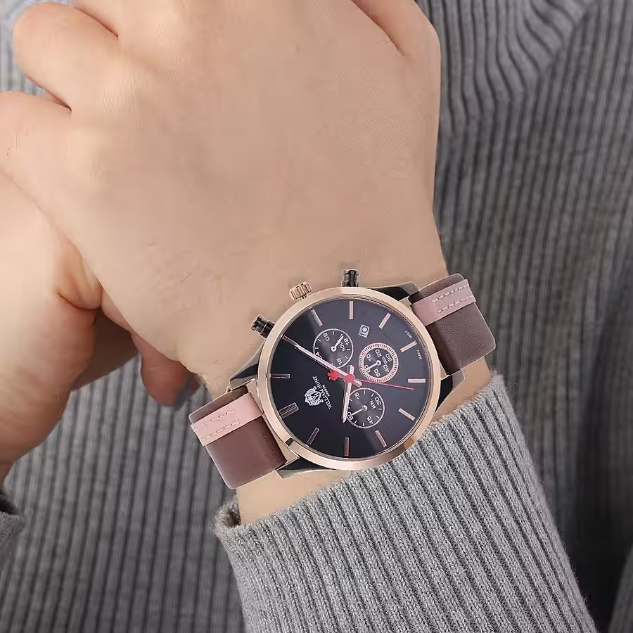 Brown and Pink Leather Strap Stainless Steel Watch