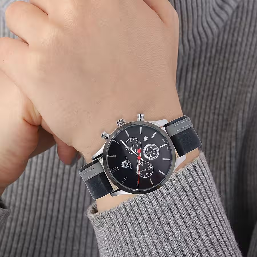 Black and Grey Leather Strap Stainless Steel Watch