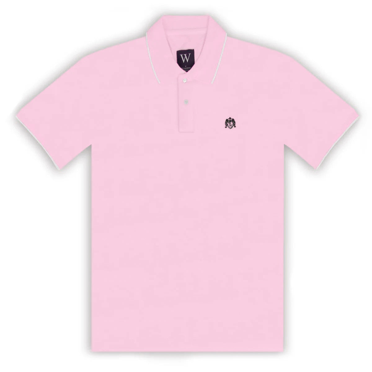 A pink polo shirt with white tipping on the collar and cuff, featuring a woven crest on the left chest.
