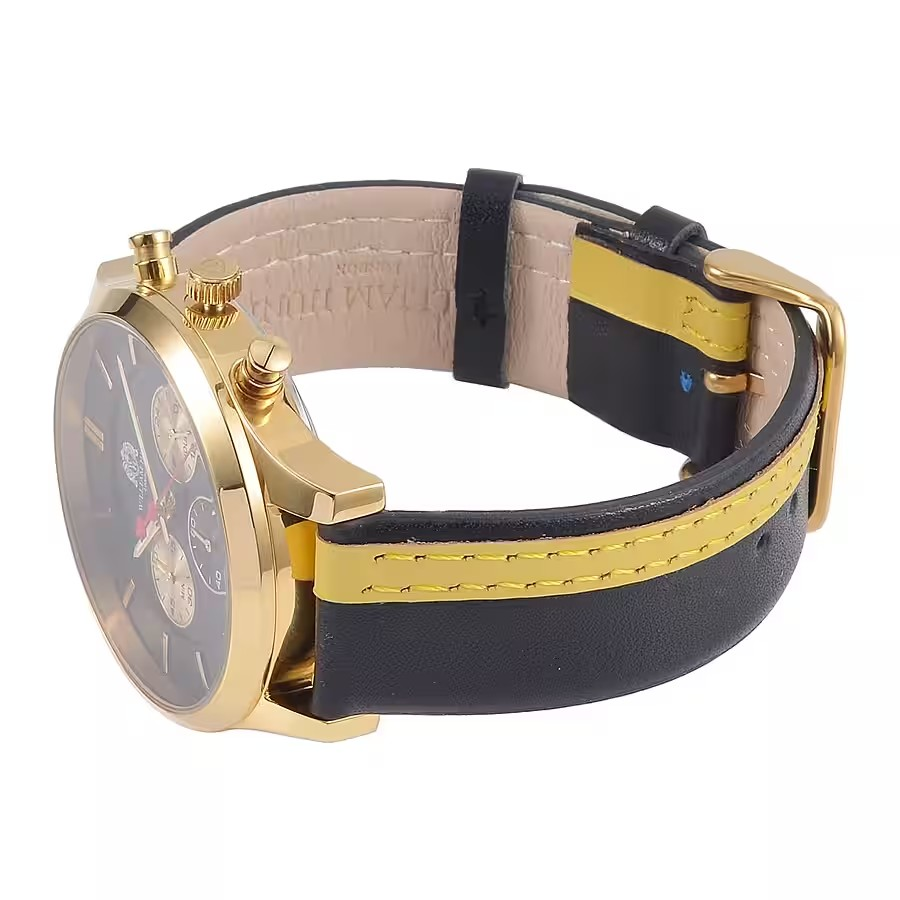 Black and Gold Leather Strap Stainless Steel Watch