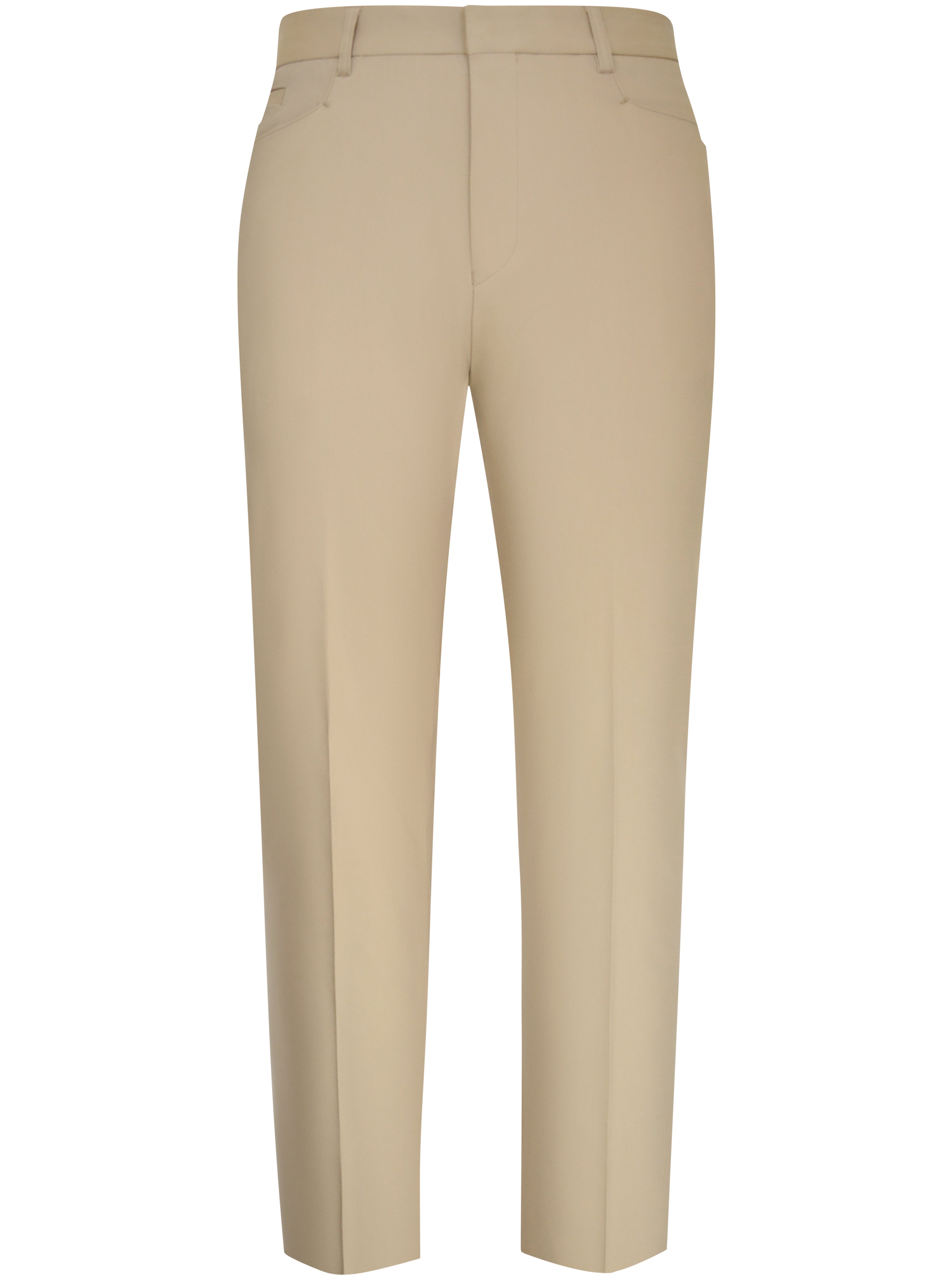 A pair of flat fronted beige trousers with frog mouth pockets and a fly front fastening.