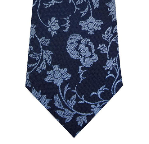 Navy and Blue Floral Design Silk Tie Long