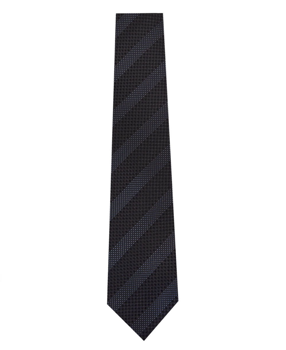 Black on Grey Stripe Silk Tie Long