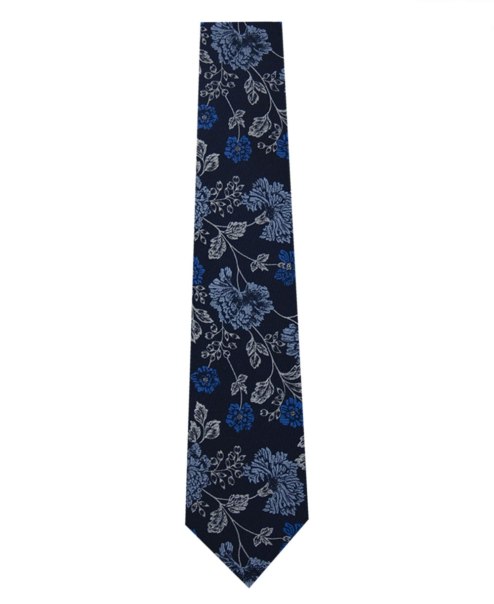 Navy and Floral Design Silk Tie Long