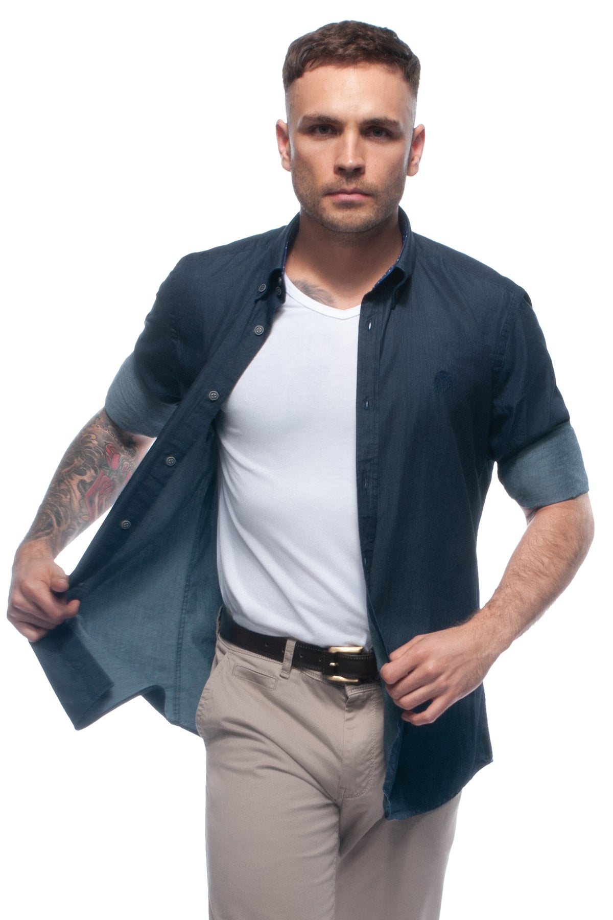 Denim cotton oxford shirt with button down collar