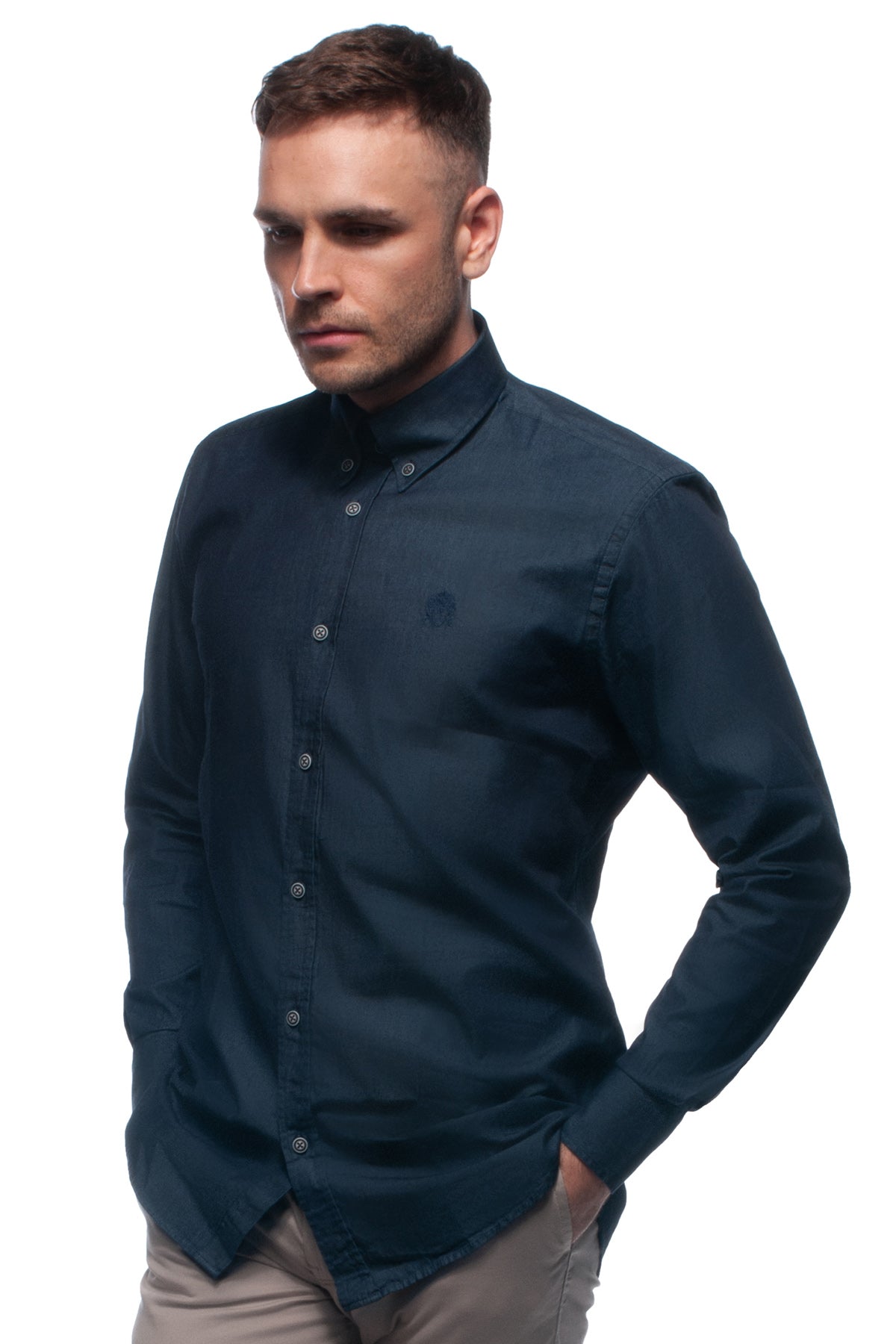 Denim cotton oxford shirt with button down collar