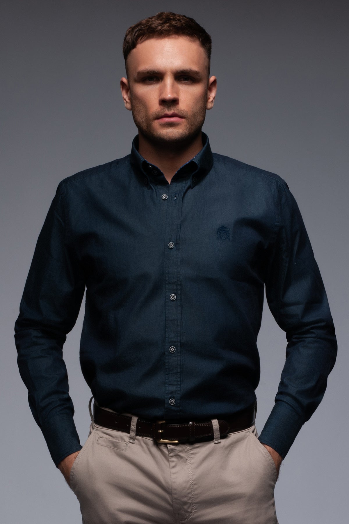 Denim cotton oxford shirt with button down collar