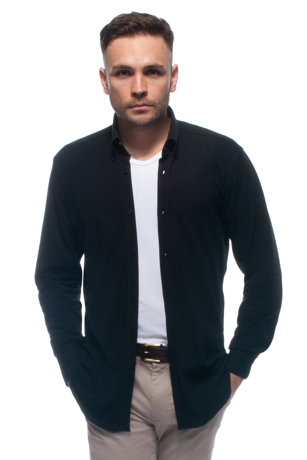 Black soft-touch casual lightweight piqué button down shirt