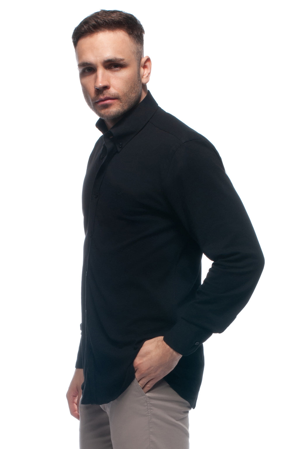 Black soft-touch casual lightweight piqué button down shirt