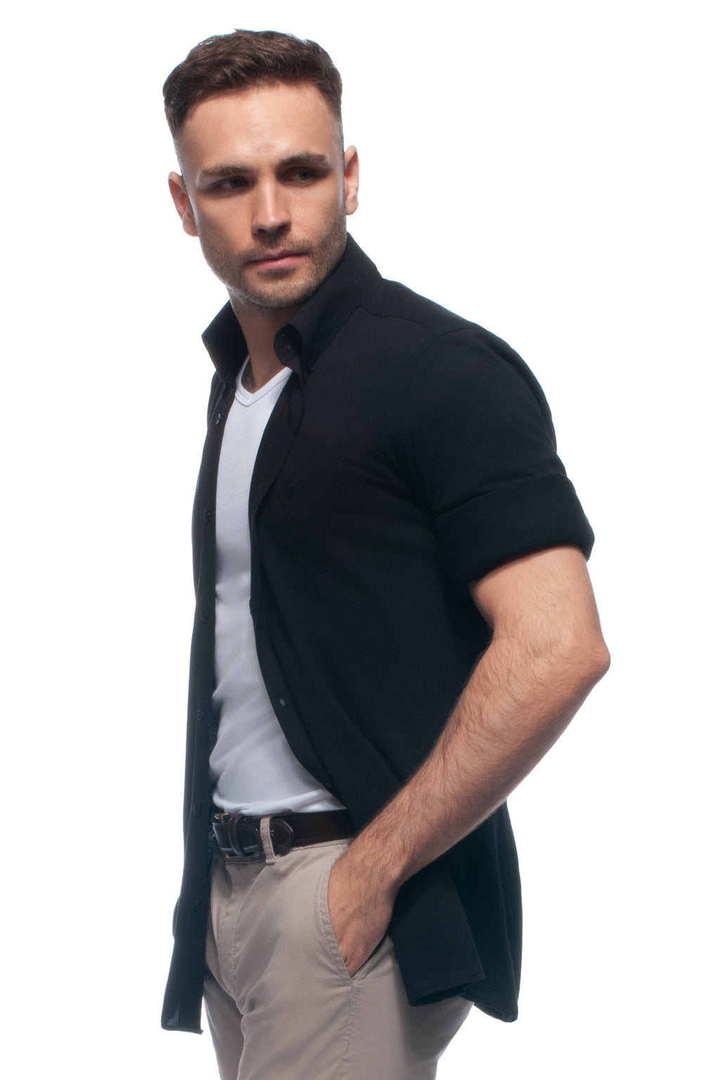 Black soft-touch casual lightweight piqué button down shirt