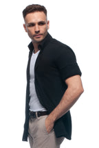 Black soft-touch casual lightweight piqué button down shirt