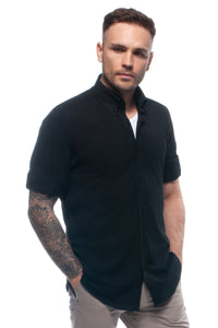 Black soft-touch casual lightweight piqué button down shirt