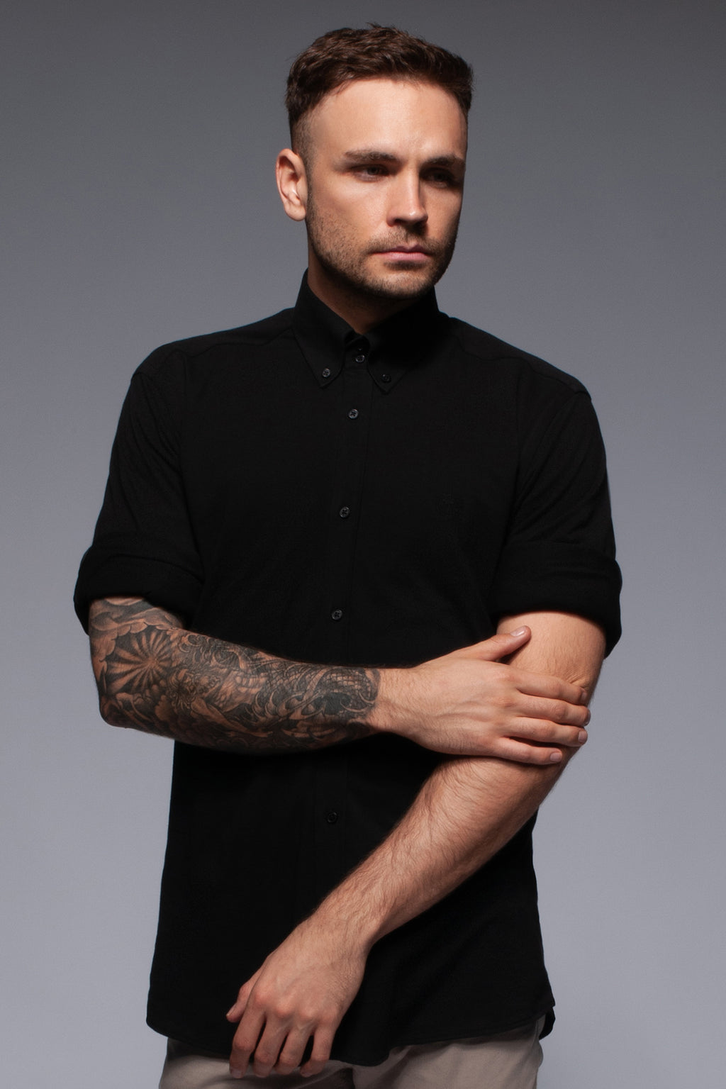 Black soft-touch casual lightweight piqué button down shirt