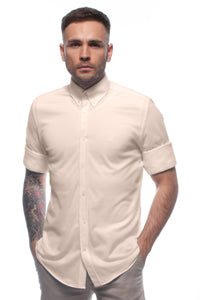 Sand Beige soft-touch casual lightweight piqué button down shirt