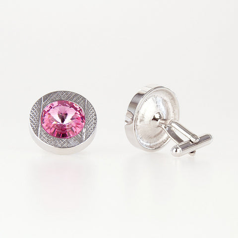 Double Round Silver/Pink Crystal Cufflinks