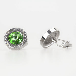 Double Round Silver/Green Crystal Cufflinks Side